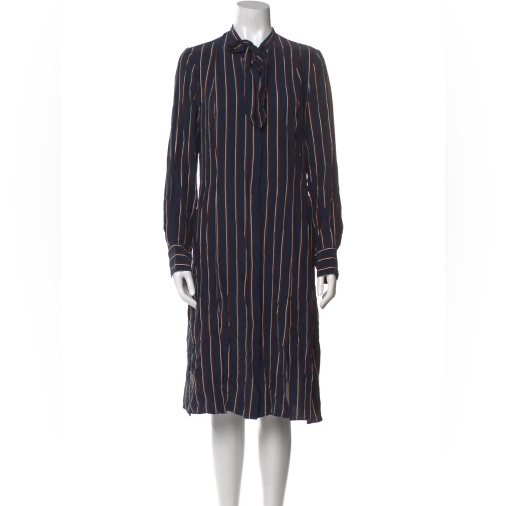 Frame Navy Blue Striped Silk Tie Neck Long Sleeve Midi Shirt Dress - Medium - Picture 6 of 8